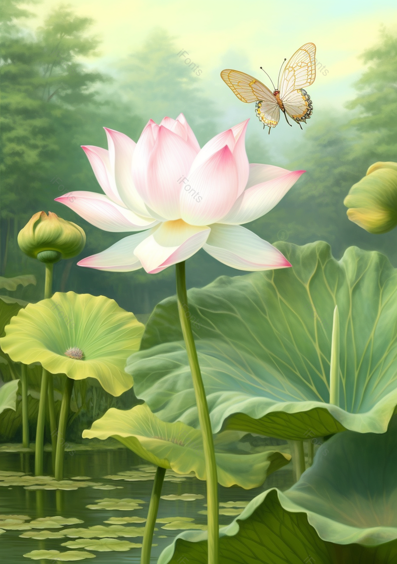 小清新绿色水彩中国风池塘荷叶荷花胡蝶插画,插画/手绘图,插画/手绘图库,插画/手绘图下载,插画/手绘